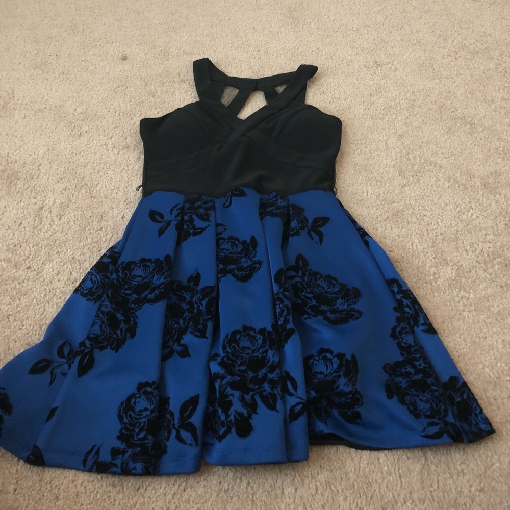royal blue and black formal skater dress